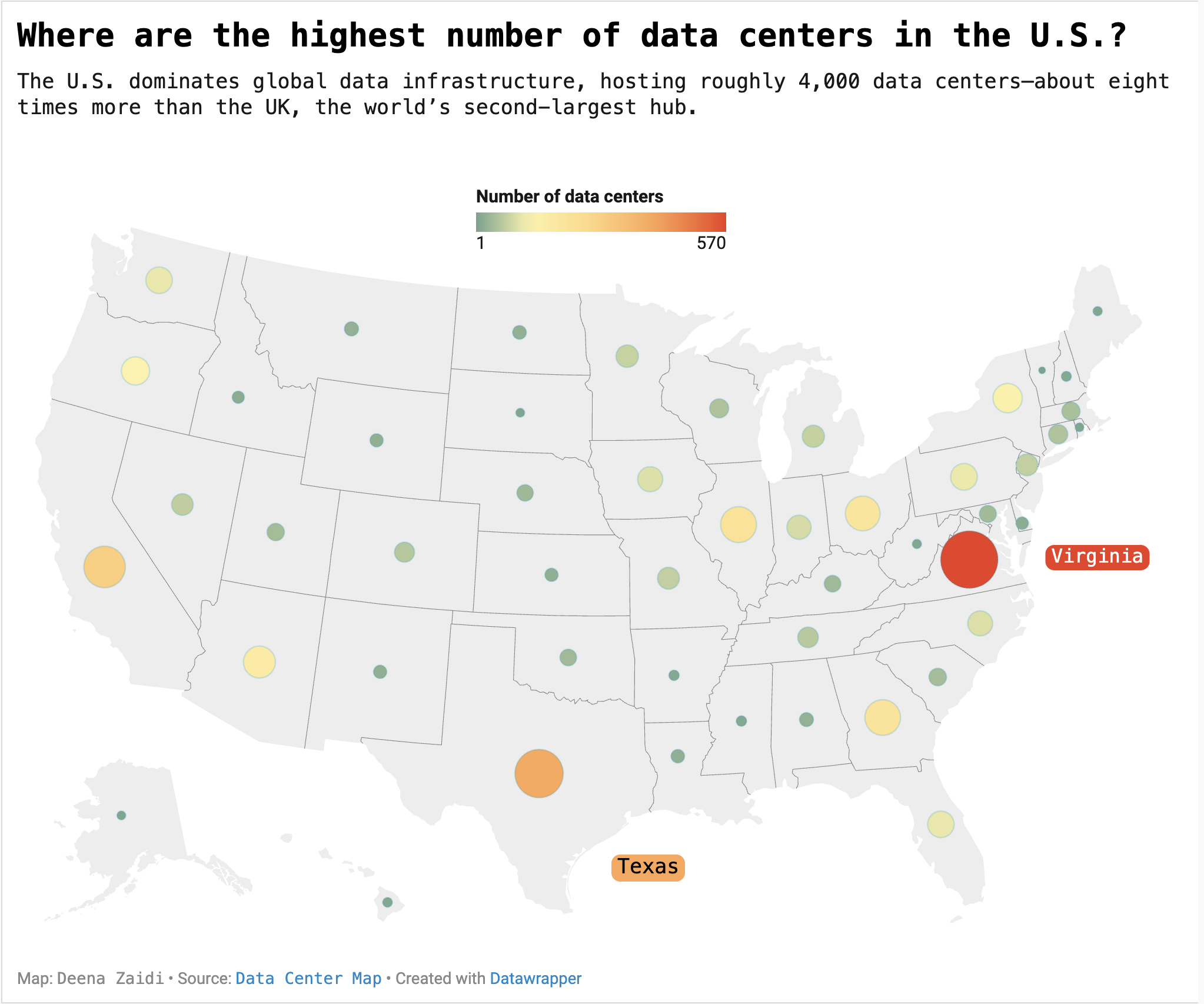 Symbol map showing the states in U.S. with data centers. Virginia and Ashburn have the highest number of data centers