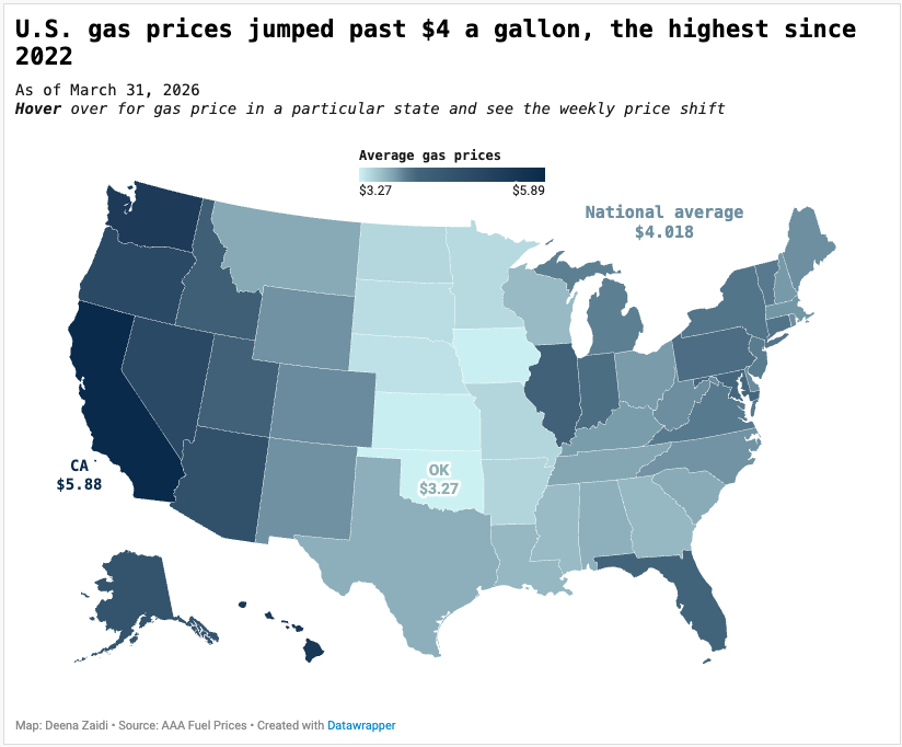 U.S. gas prices jump above $4 , highest since 2022 as Iran conflict pushes oil higher